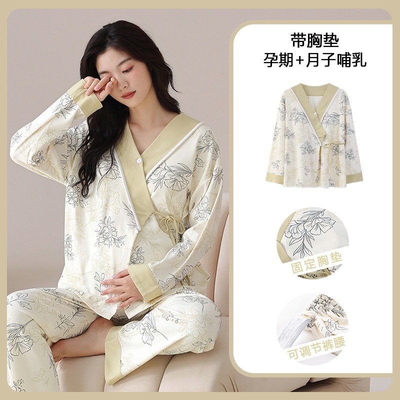 带胸垫月子服秋冬季产后大码孕妇睡衣产妇坐月哺乳喂奶家居服套装|undefined