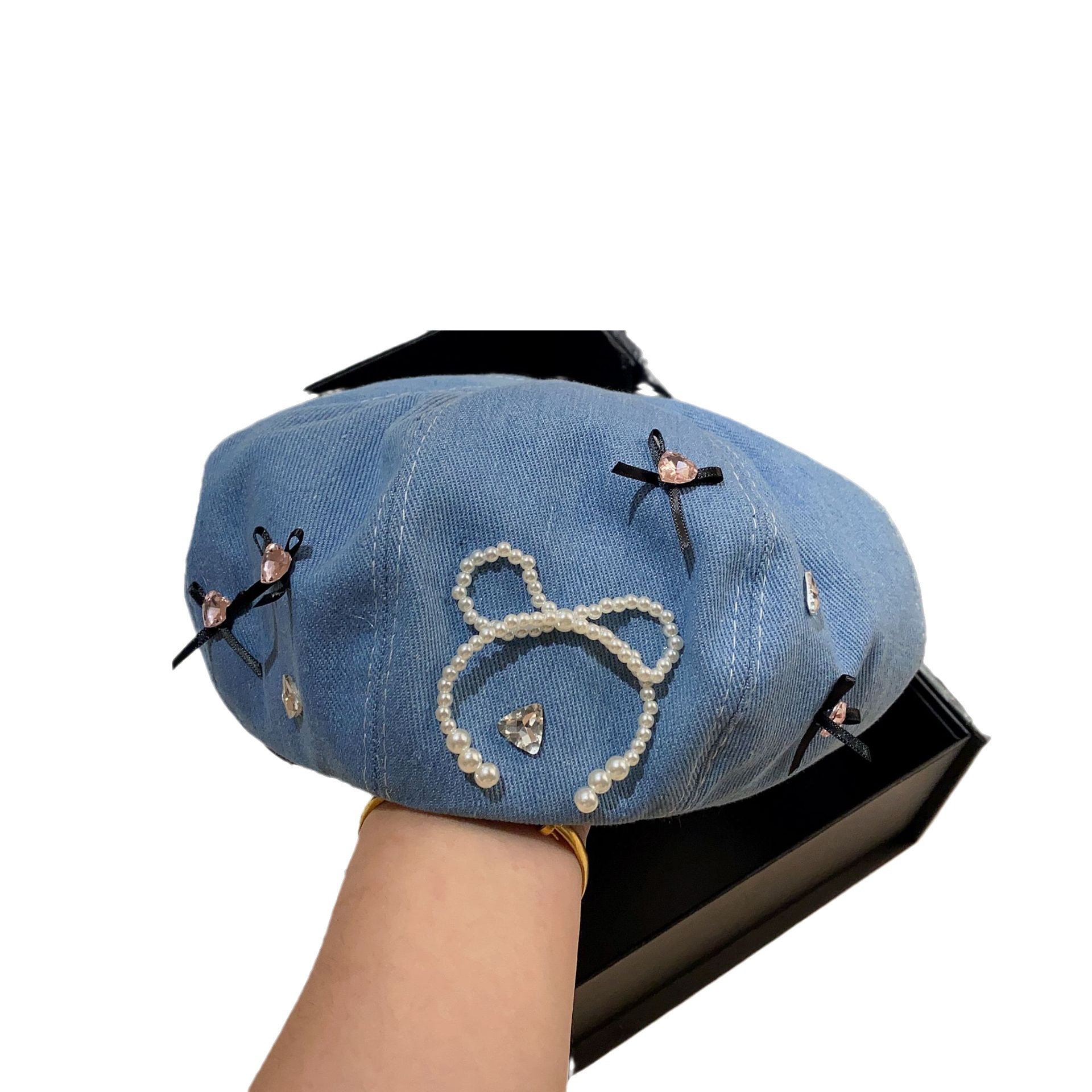 Veelzijdige, schattige baret, dunne, kleine, elfenstrik, achthoekige denim hoed in de lente en zomer_voghion.com