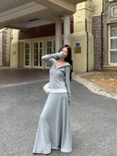 灰色修身长袖连帽卫衣开衫上衣女开春穿搭套装a字半身长裙两件套