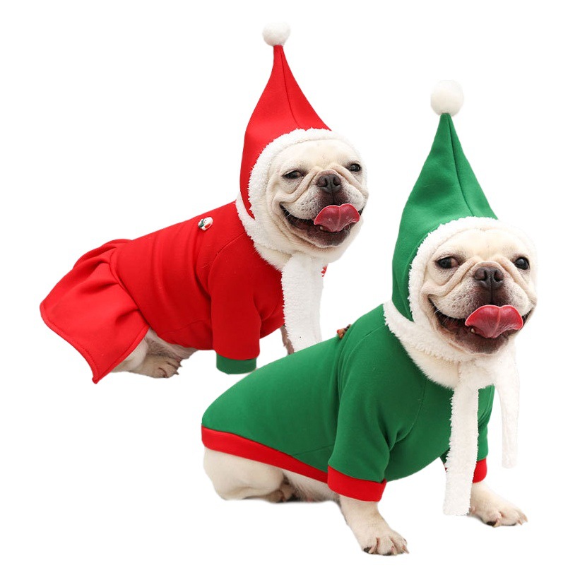 Navidad perro gato mascota ropa caliente sombrero de terciopelo pareja traje Otoño e Invierno peluche francés cubo bomei suministros