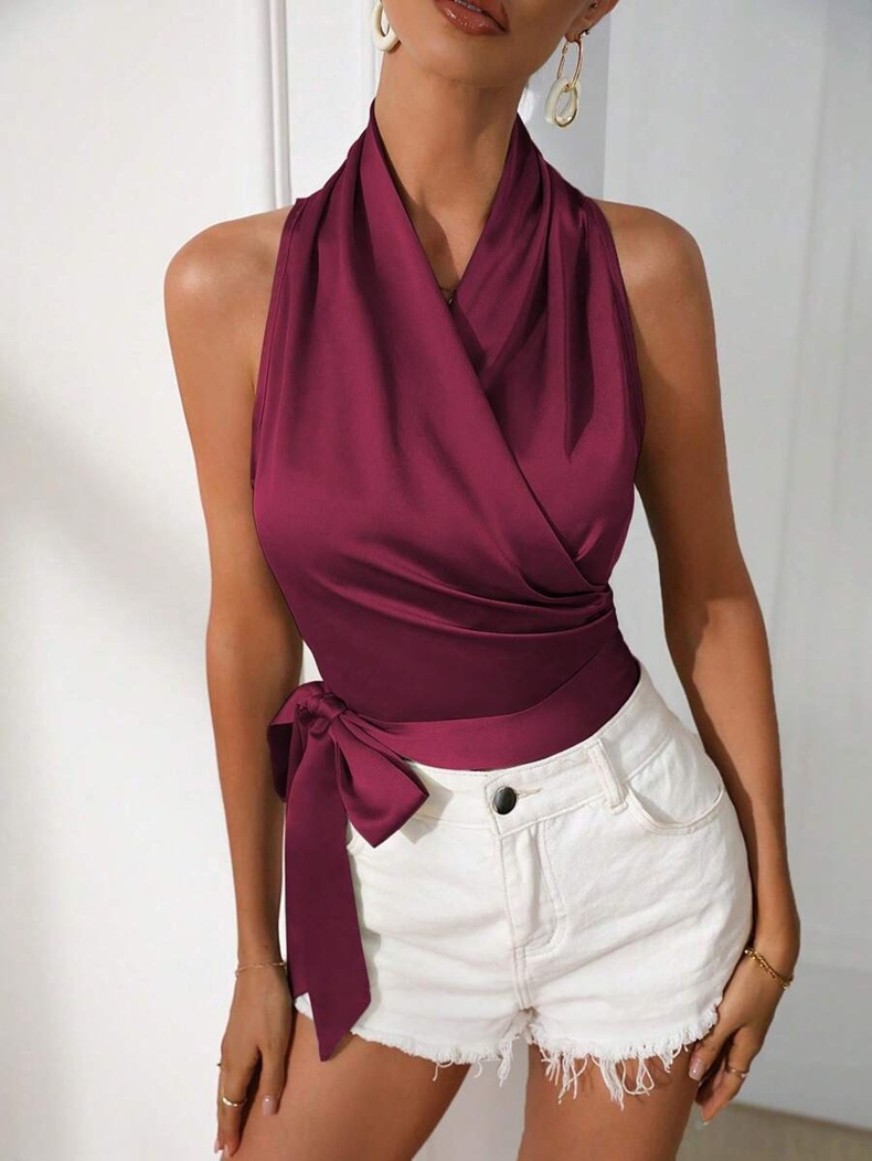 Camicetta donna in raso senza maniche top sexy con allacciatura_voghion.com