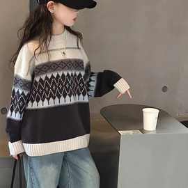 男童女童2025新款儿童套头中大童针织衫菱形毛衣秋冬加厚打底