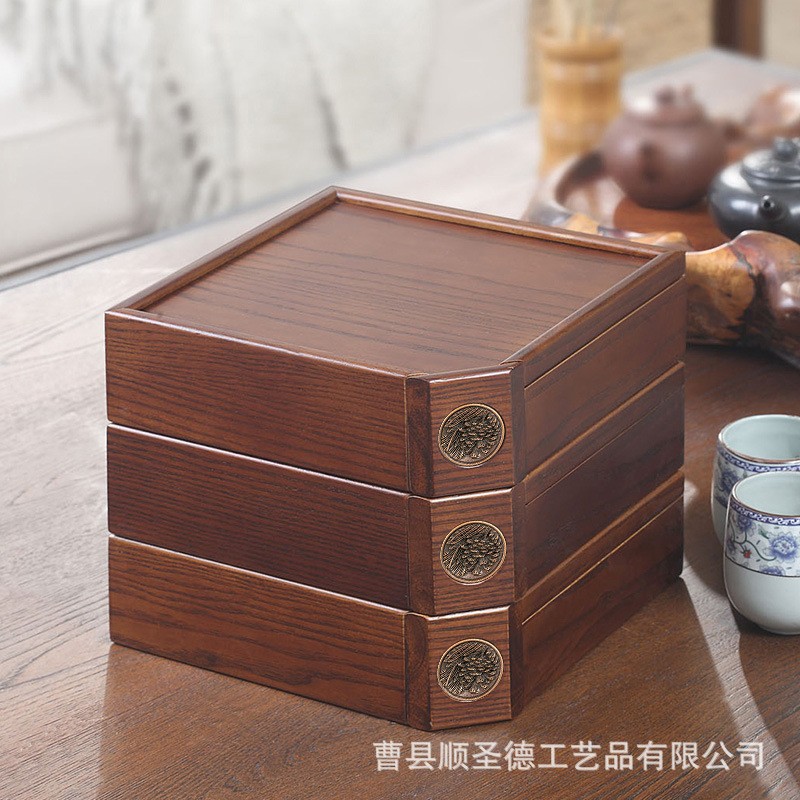 复古木质茶叶礼品盒木质收纳盒木质抽拉式茶叶礼品盒多层茶饼盒