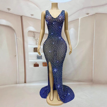 欧美女装性感v领透视高开叉满钻网纱长裙拖尾女明星晚宴会礼服裙