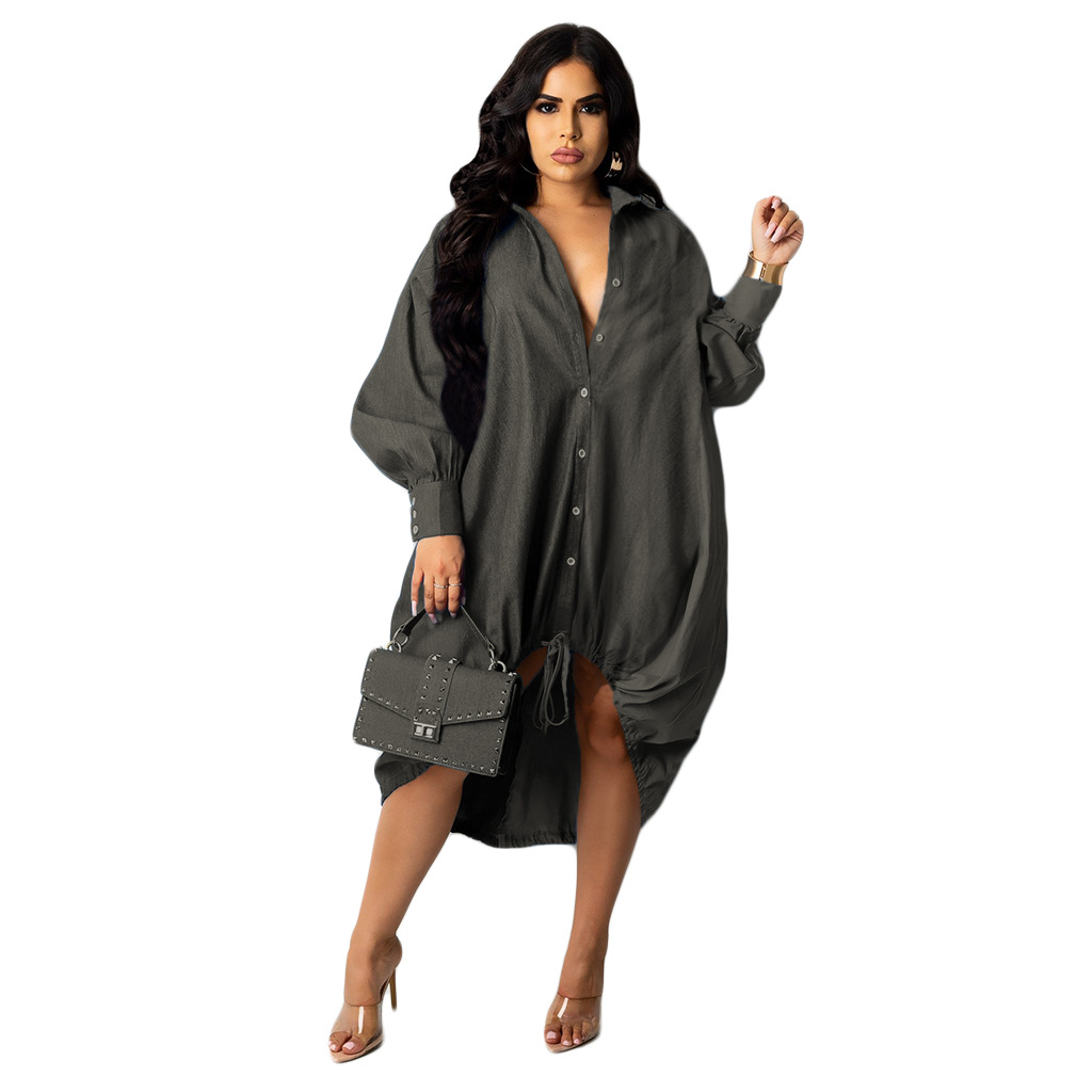 Splicing Hem Single-Breasted Drawstring Solid Color Dress NSGCX113595
