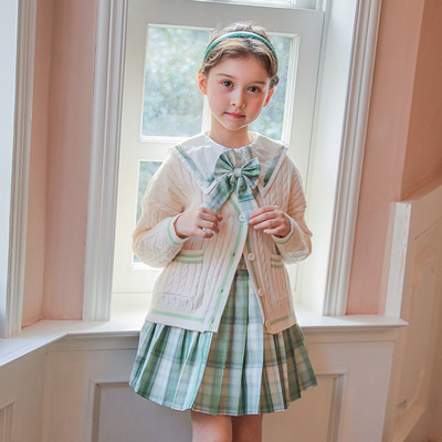 2022春装新款童装JK风毛衣针织开衫学院风衬衫套装|ru