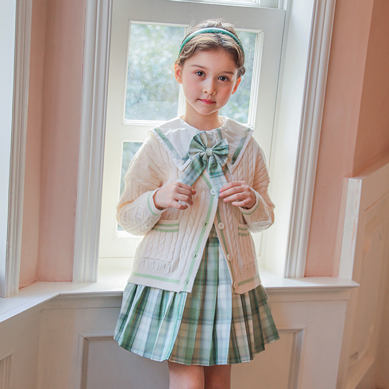 2022春装新款童装JK风毛衣针织开衫学院风衬衫套装|ru