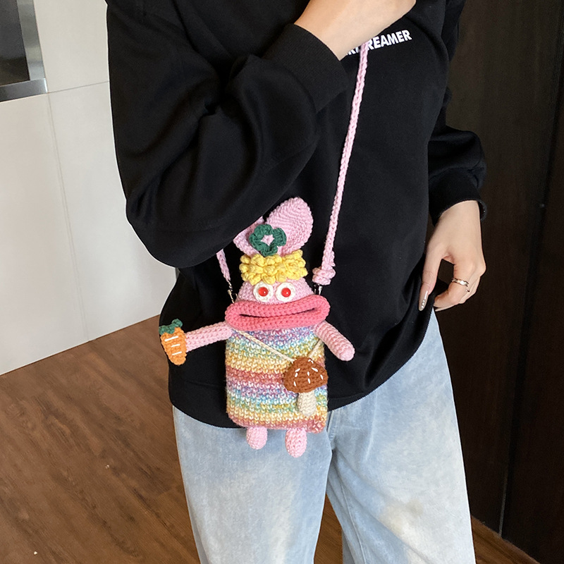 Handmade gancho de lana, bolsas de hombro para niños y niñas feas y lindas, bolsas de conejo para bebés, bolsas de boca grande, bolsas de cambio para niños