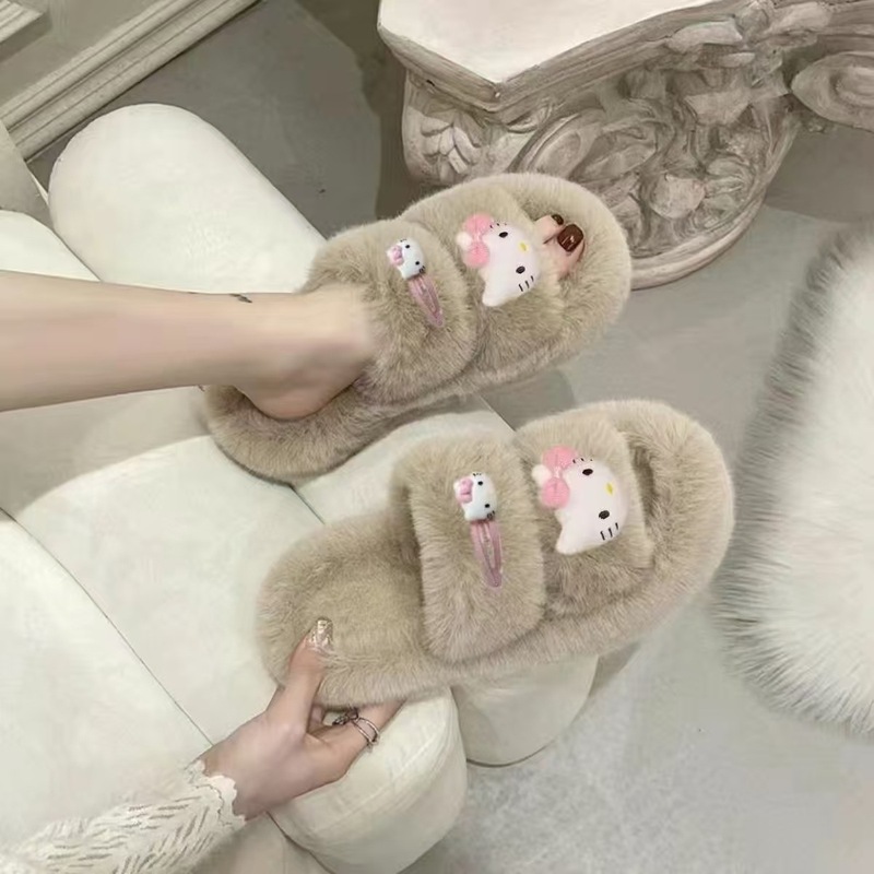 秋冬の新型の厚い底の毛のスリッパの外は女性の皮のファッションの高級な双ボタンの柔らかい底を着て軽くて豪華で軽くて糞感を踏みます。|undefined