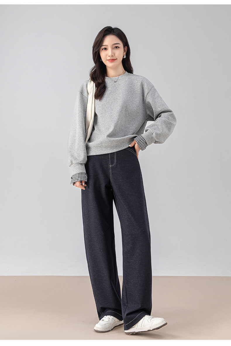 Quần culottes nữ ống rộng dáng chuối giả denim dệt kim mùa thu — Màu xanh lam đậm chi tiết 19