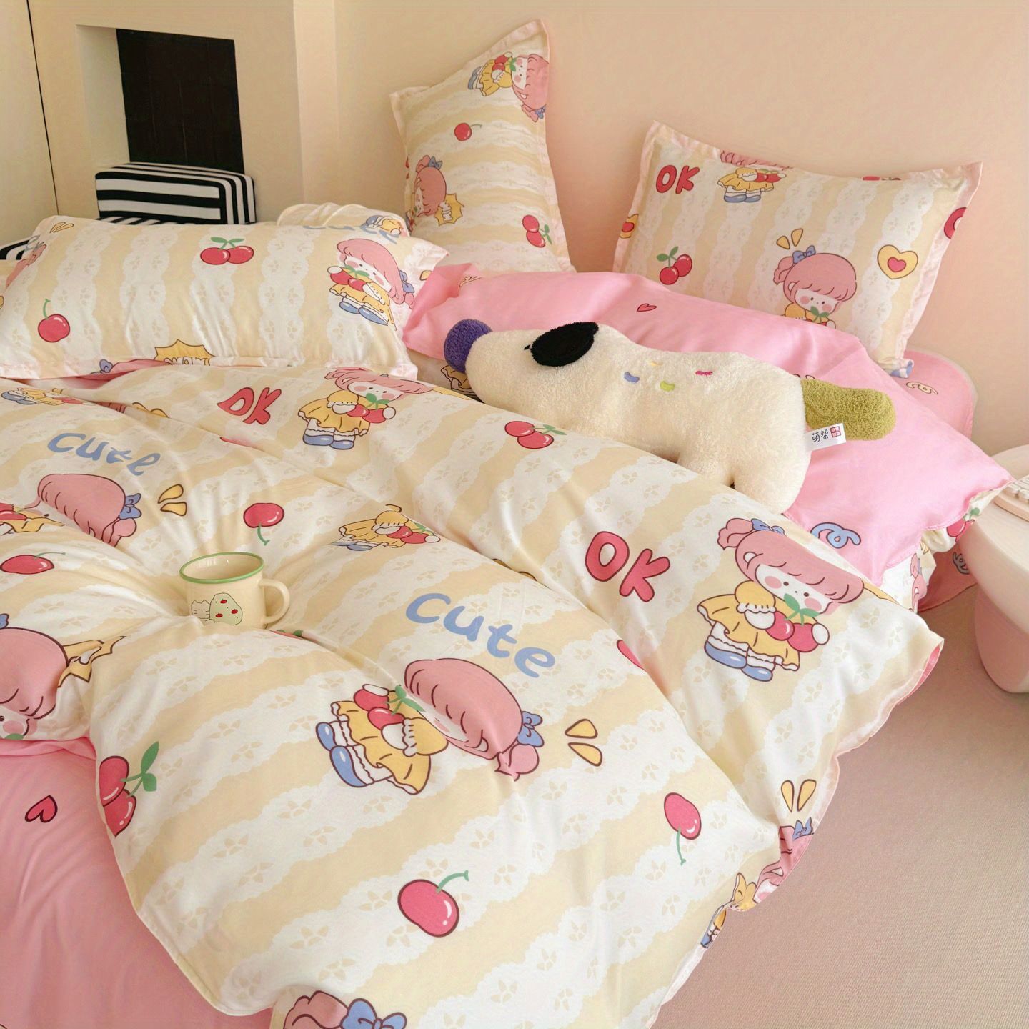 Nanjiren Cherry Girl Washed Cotton Four-Piece Ins Student Dormitory Bed Bed Sheets Quilt Cover Three-Piece Bedding Set