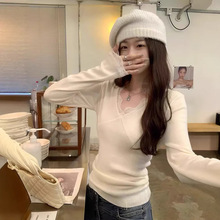 V领蕾丝打底衫女款秋冬毛衣内搭拼接气质长袖针织衫百搭上衣套头