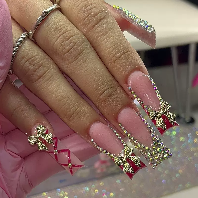 外贸穿戴甲甲片希音爆款法式美甲贴片彩钻格纹领结跨境假指甲批发