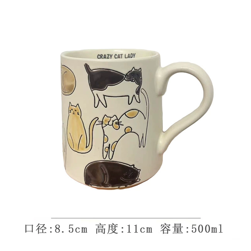 Ceramic mug hand-painted underglaze cat design, cute breakfast cup, microwave-safe
