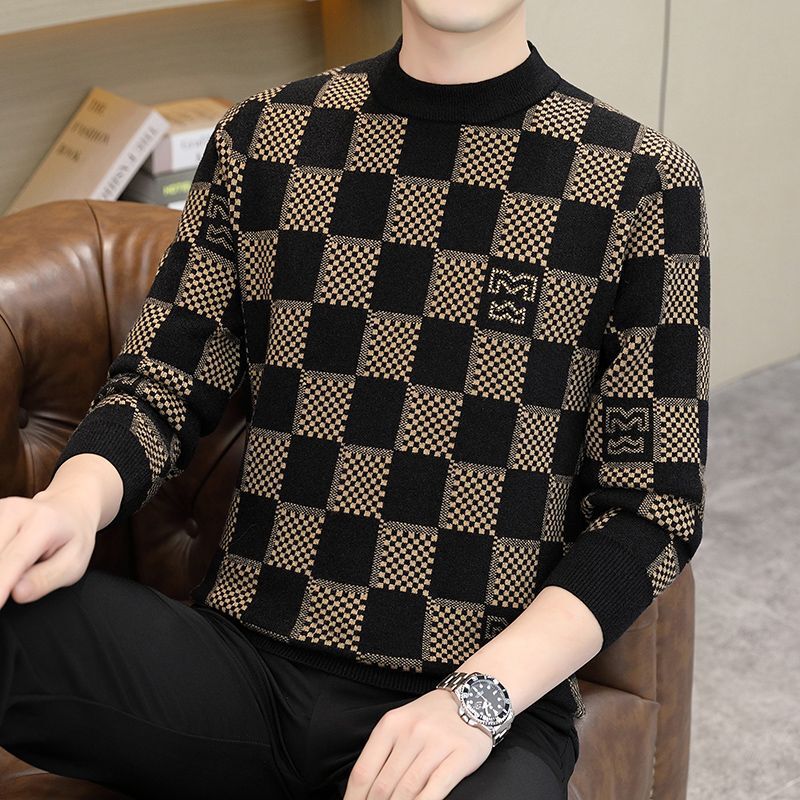 Men's New Sweater Men's Knitted Base Warm Sweater Plaid Thickened Round Neck Pullover Fashion Sweater