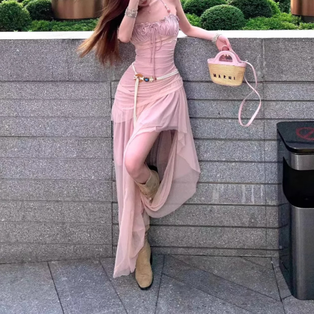 甜辣重工网纱拼接吊带连衣裙女2025夏季新款收腰显瘦不规则A字裙|undefined