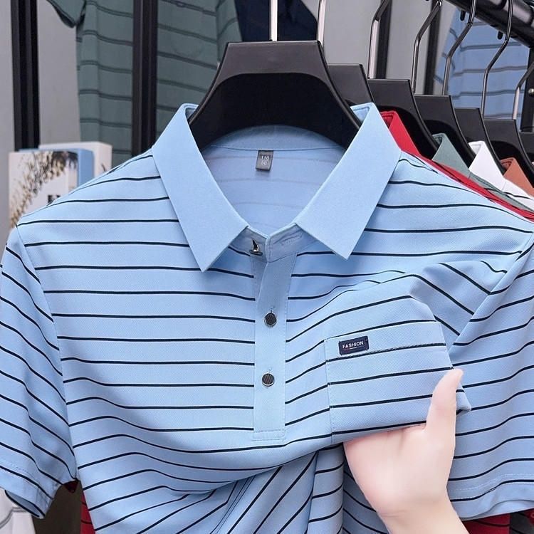 Dad's Short-Sleeve T-Shirt for Summer, Middle-Aged Men's Striped Turn-Down Collar Casual Versatile Thin Top Polo Shirt with Pocket Dad's Short-Sleeve T-Shirt for Summer, Middle-Aged Men's Striped Turn-Down Collar Casual Versatile Thin Top Polo Shirt with Pocket