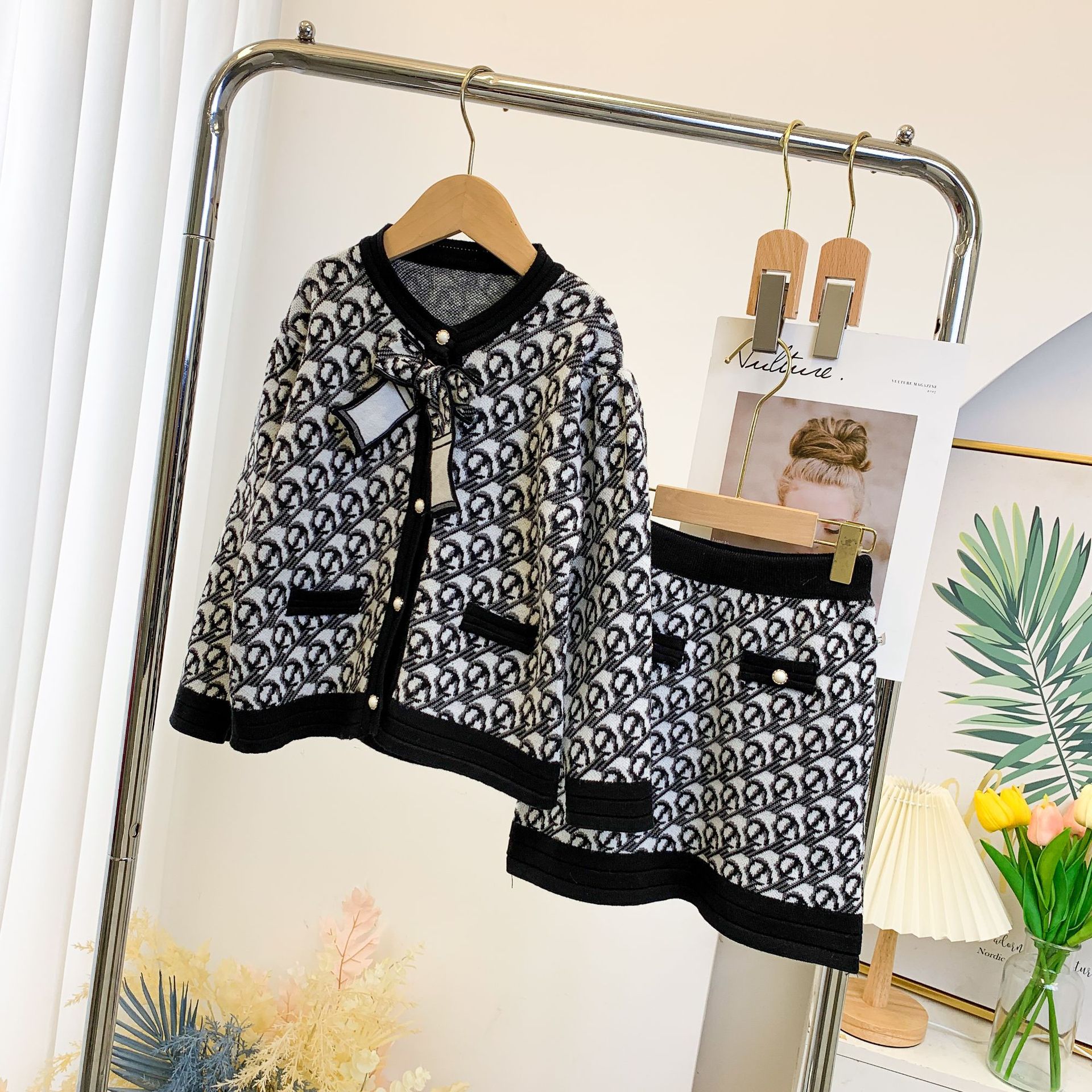 Little Fragrant Wind Thousand Bird Checker Rundhalspullover Wickelrock Zwei modische Herbst- und Wintermode für Mädchen_voghion.com