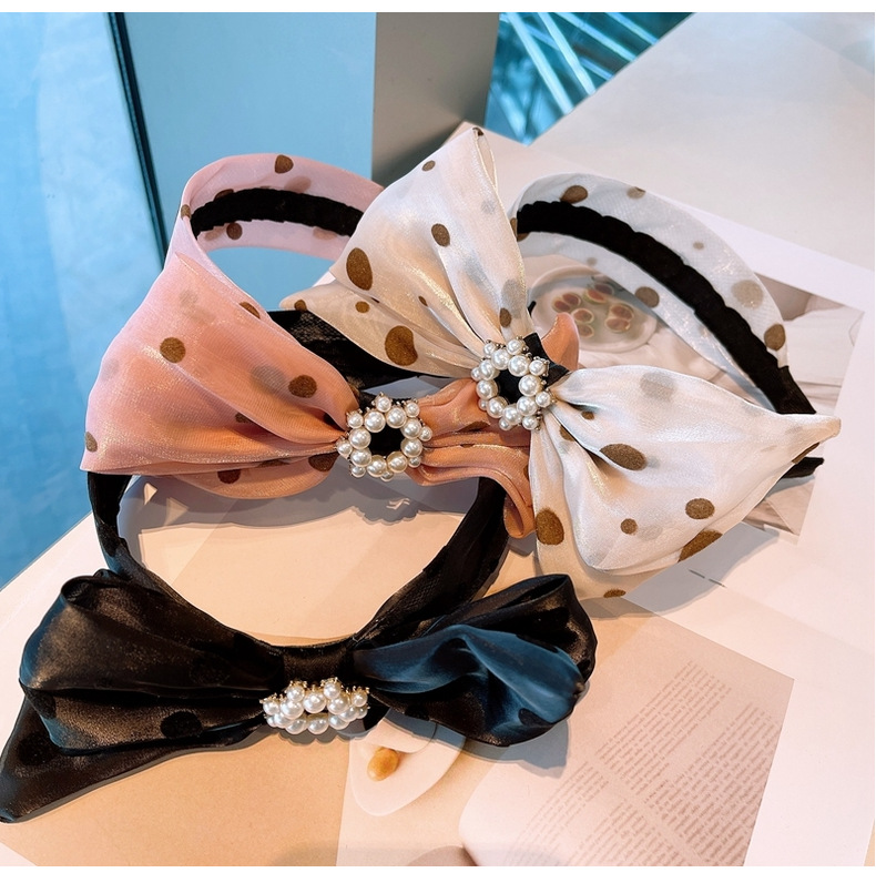 Fashion Polka Dot Big Bow Pearl Pink Headband display picture 3