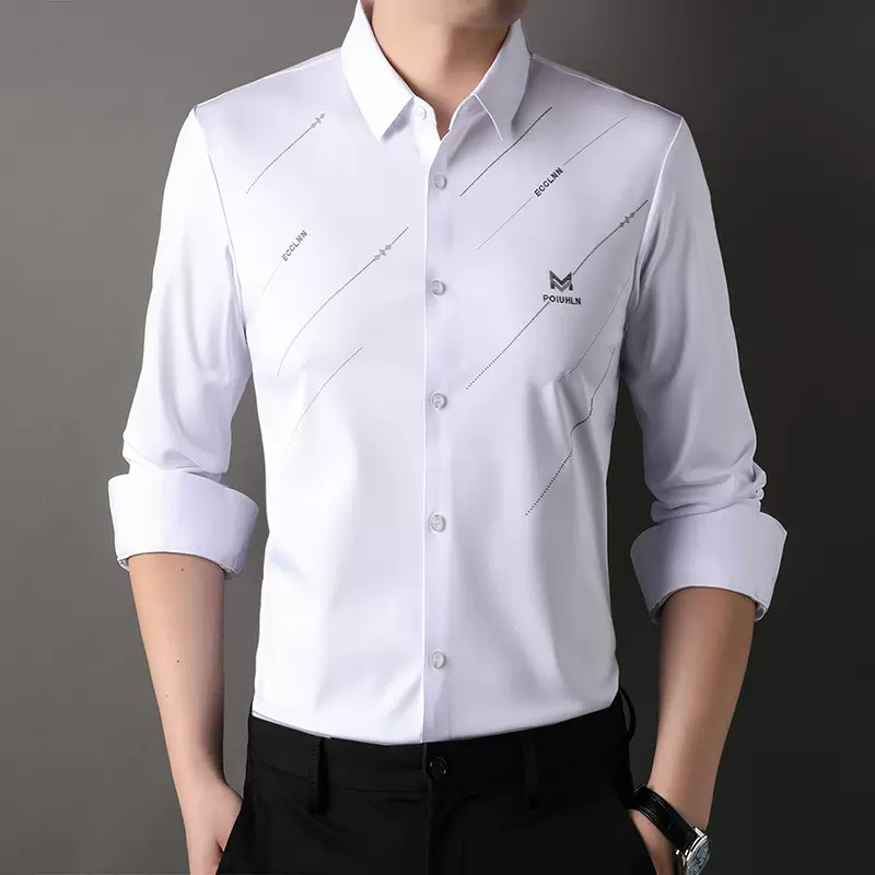 无痕弹力长袖衬衫男士春秋季中年商务休闲印花抗皱凉感打底衫衬衣