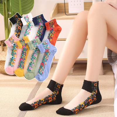 襪子女純棉ins襪子女春夏淺口防滑女船襪複古花可愛日系韓版女船