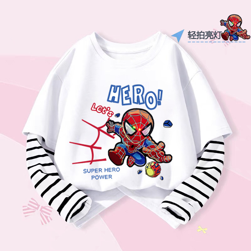 2025 Boys New Spider-Man Fake Two-Piece Long-Sleeved T-Shirt Children's Long-Sleeved Spider-Man Clothes New Trendy Tops