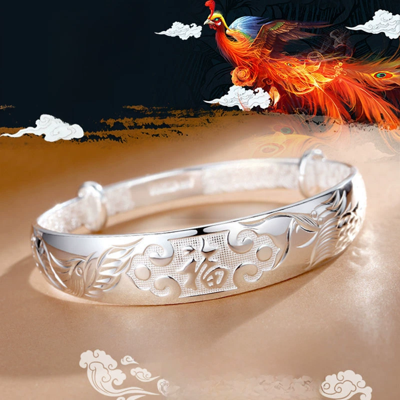 Adjustable silver bracelet for elderly, dragon and phoenix, Chinese style