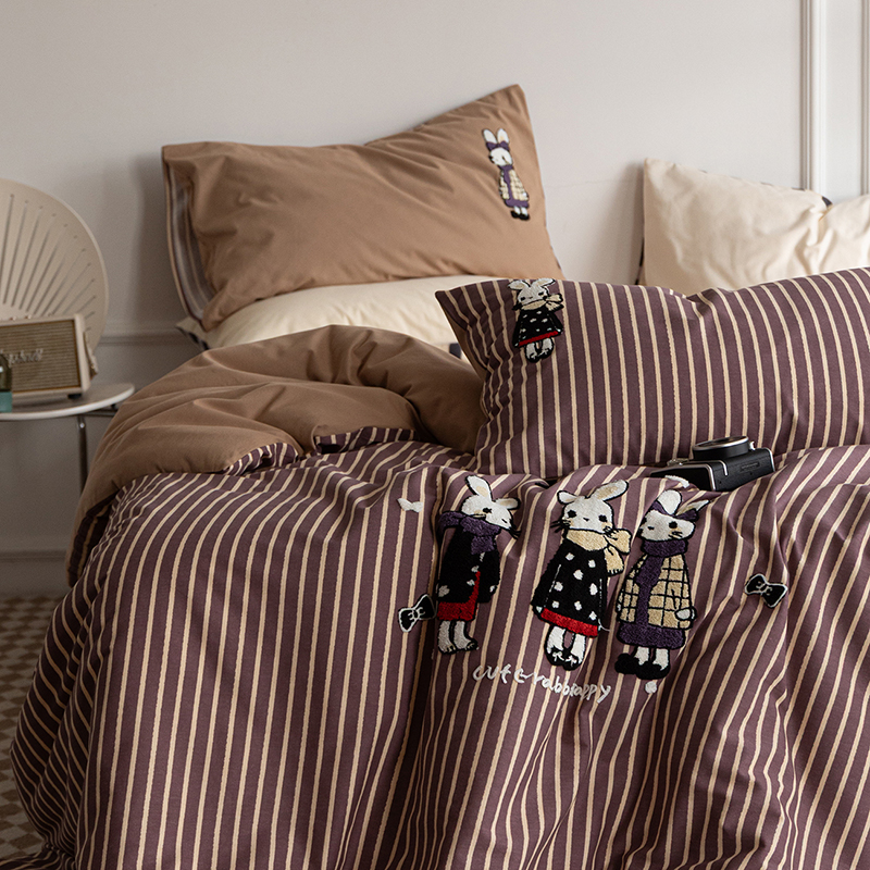 Cartoon Striped Plaid Brushed Cotton Four Piece Bedding Set_voghion.com