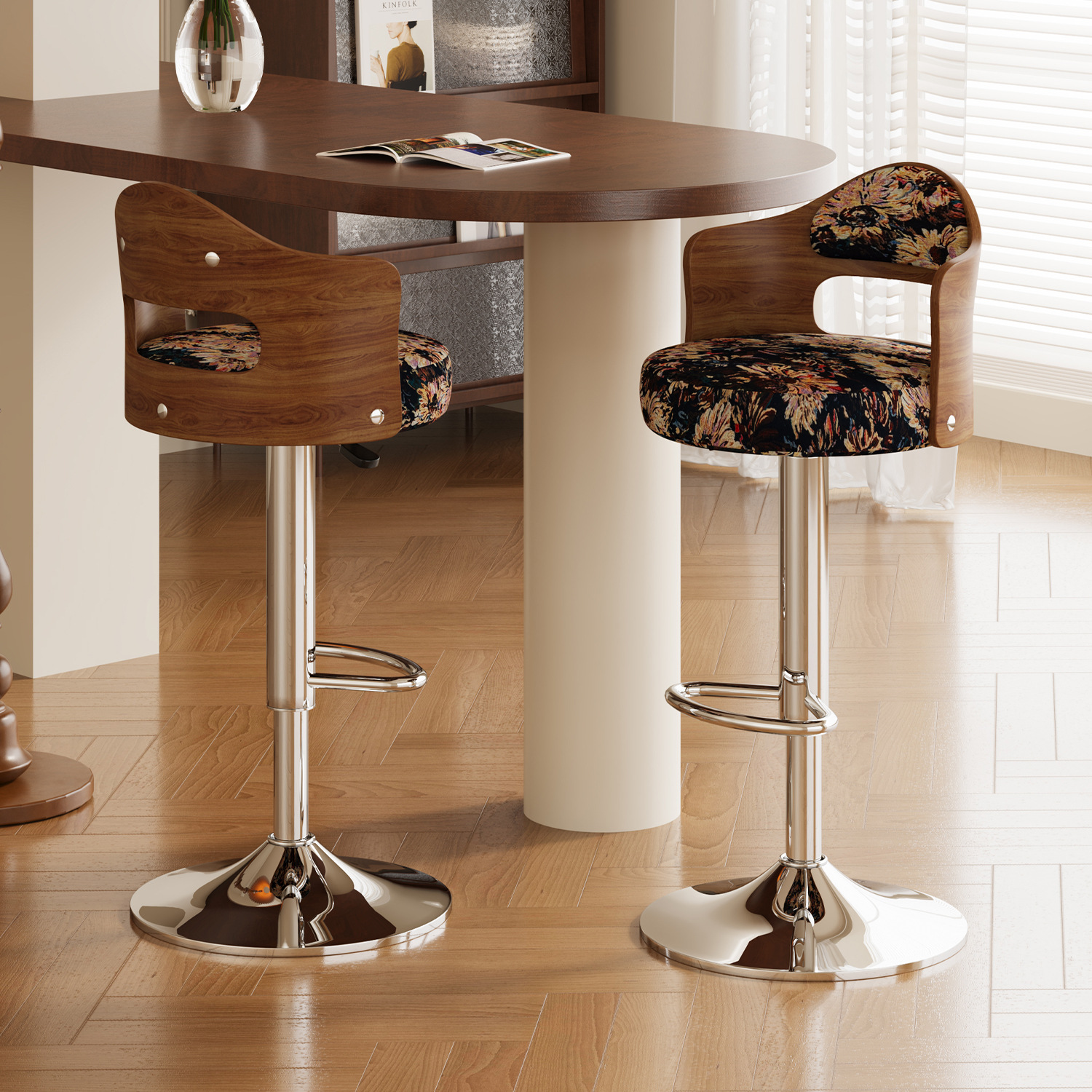 Medieval Style Wooden Backrest High Chair Home Bar Chair Floral Printed Fabric Cushion Liftable Bar Chair