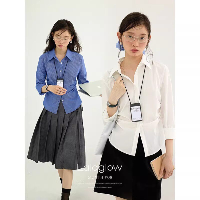 Lalag Fashionable Preppy Style Polo Collar Retro Elegant Waist-Cinching Slimming Long-Sleeve Shirt Top for Women Early Spring