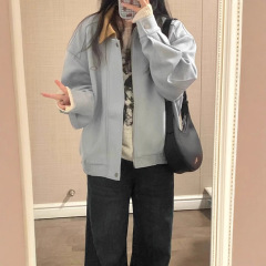 青い襟のベルベットのコートの女性春秋のタイプ2025の新しいアメリカのレトロな国の潮のゆるいカップルのジャケットの上着の潮