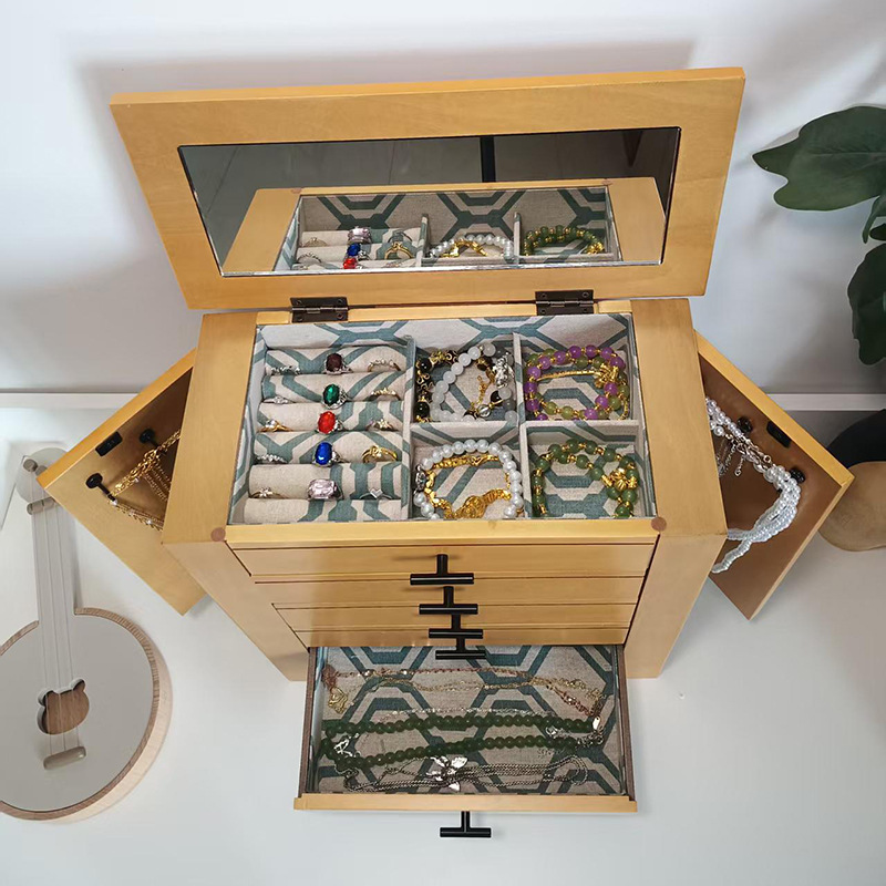 Caja de joyería de madera sólida en stock, caja de almacenamiento de joyería retro multicapa, regalo de boda, caja de joyería de madera de lujo ligera personalizada image 3
