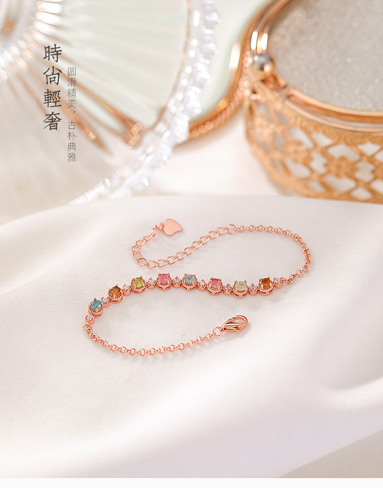 Vòng tay bạc S925 mạ vàng hồng đính tourmaline hạt tròn hình học — Một mảnh (tourmaline màu ngẫu nhiên) chi tiết 2