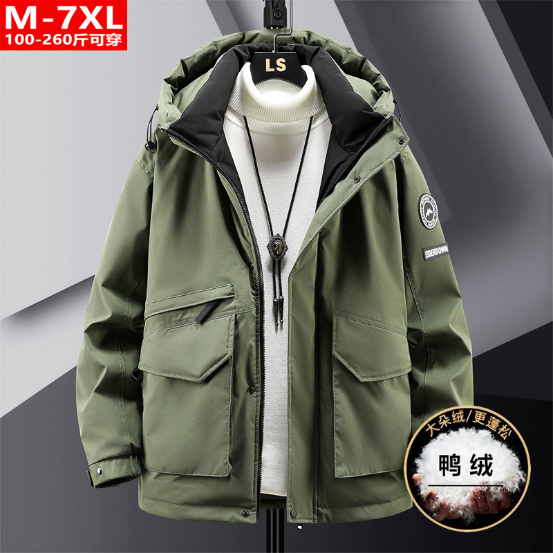 Invierno de moda de los hombres de calidad de parche tridimensional bolsa abajo chaqueta de grasa más tamaño suelta resistente al frío caliente chaqueta con capucha