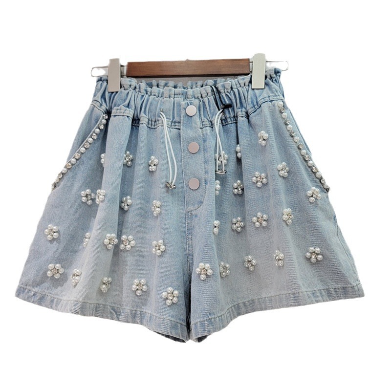 Pantalones Cortos de Mezclilla con Pedrería y Cuentas de Mezclilla con Pierna Ancha para Verano