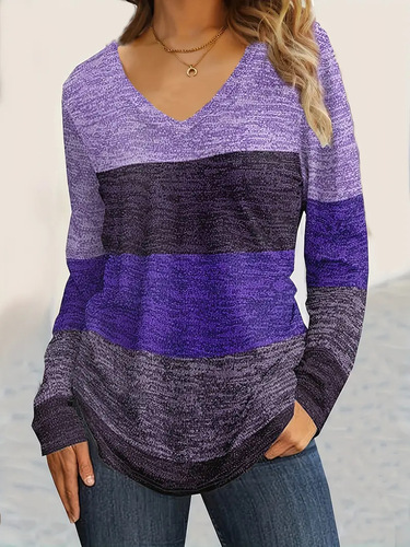 Women's European and American new fashionable casual V-neck color matching long-sleeved T-shirt