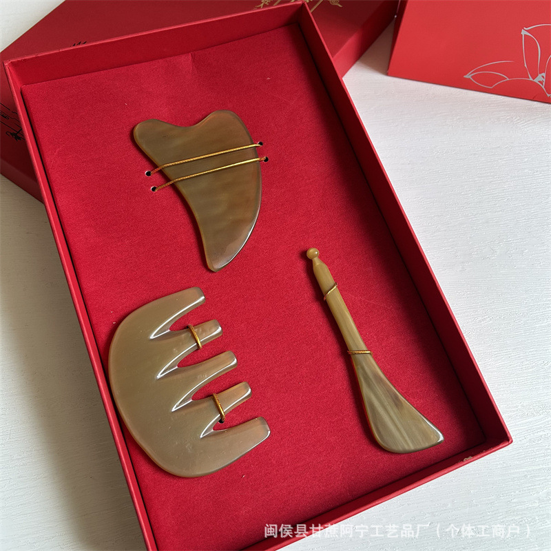 Horn Gua Sha Head Massage Tool Set 3 Piece Guasha Scraping Board for Scalp and Face Care Gift Box specifications