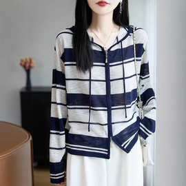 韩系条纹拉链连帽竹节麻开衫外套女秋季设计感宽松显瘦薄款上衣批