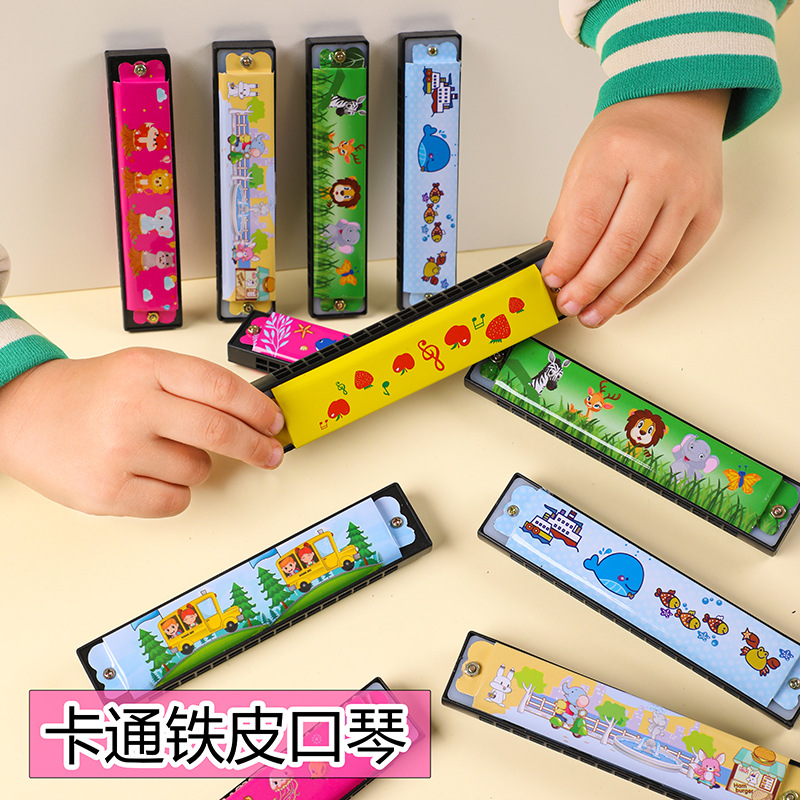 Harmónica de metal para niños juguetes de jardín de infantes 16 agujeros de madera empujar juguetes de regalo