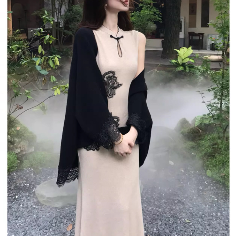 2025初秋新中式无袖旗袍针织连衣裙长裙开衫两件套套装女拼接蕾丝|undefined