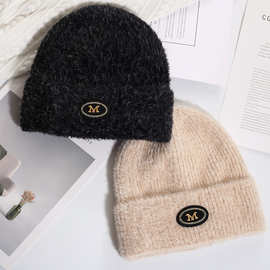 帽子女冬季保暖针织帽韩版百搭大头围显脸小字母M毛线帽跨境批发