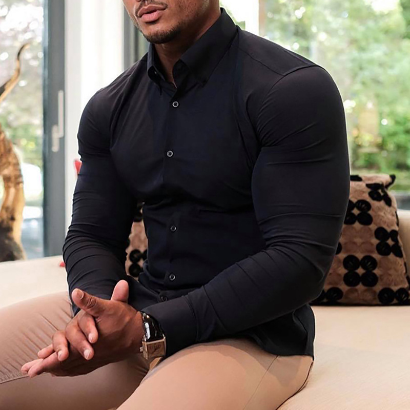 Fitness Shirt Men's Muscular Personal Trainer Cross-Border Business Shirt Slim Fit Elastic Body Shape Breathable Bottoming Shirt Trendy Fitness Shirt Men's Muscular Personal Trainer Cross-Border Business Shirt Slim Fit Elastic Body Shape Breathable Bottoming Shirt Trendy