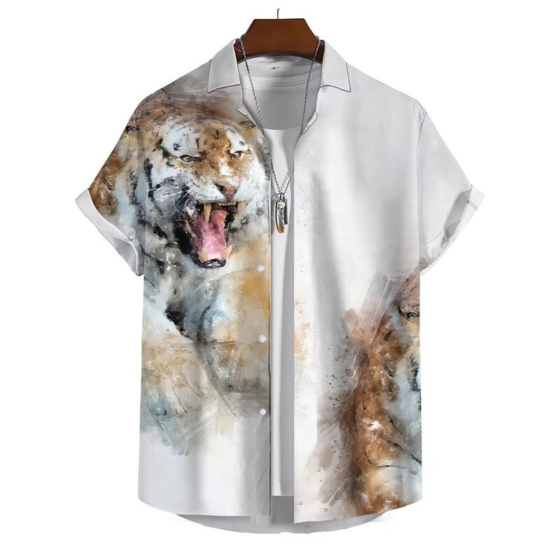Autumn New Men's Shirt Tiger 3D Digital Print Hawaiian Short Sleeve Shirt Men's Casual Autumn New Men's Shirt Tiger 3D Digital Print Hawaiian Short Sleeve Shirt Men's Casual