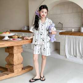 女童纯棉卡通家居服套装2026夏装新款大童洋气短袖睡衣睡裤两件套
