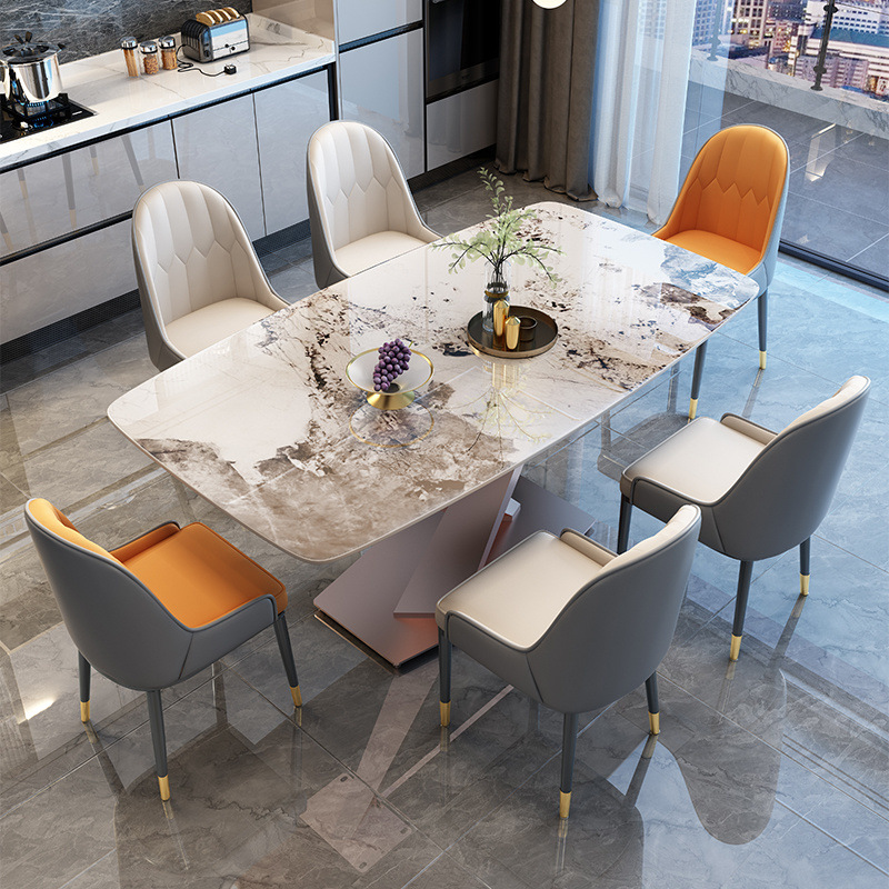 Mesa de comedor de tabla de roca de lujo ligera y silla combinada de estilo minimalista, mesa de comedor doméstica moderna y simple, mesa de comedor rectangular occidental