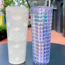 星星双层塑料杯海洋系列贝母光泽吸管杯仙人掌杯大容量便携榴莲杯