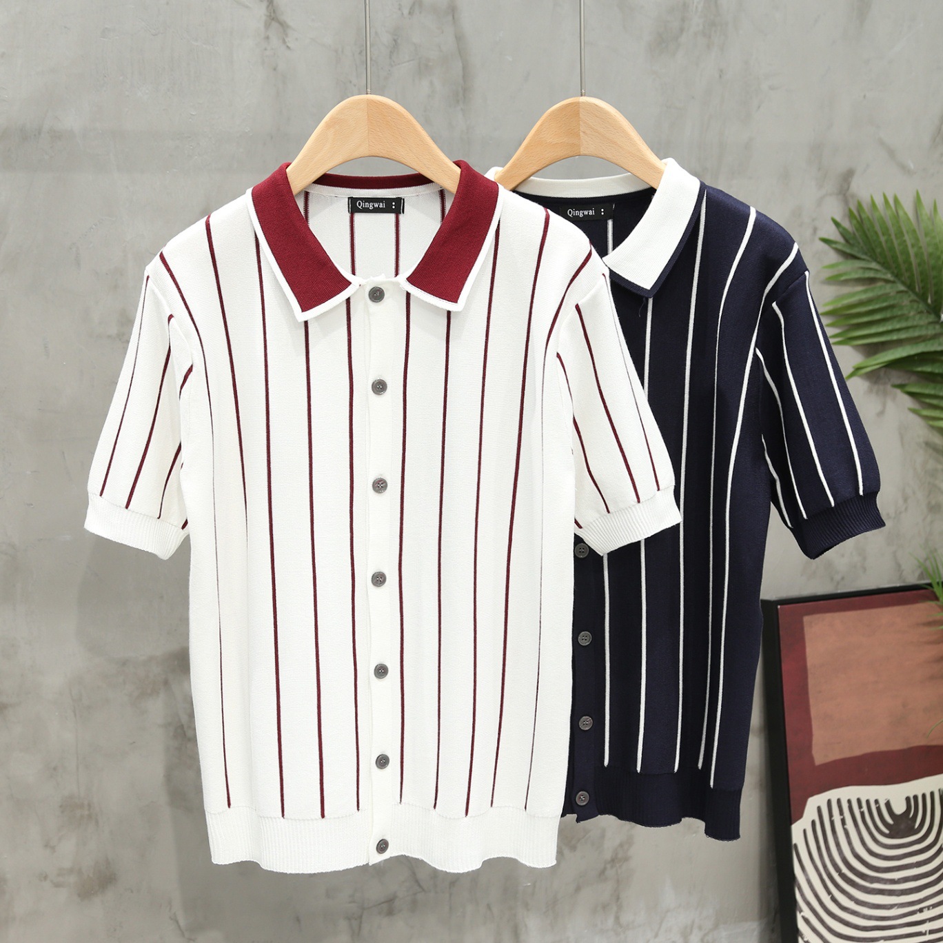 European and American Men's Clothing 2025 Summer New Men's T-Shirt Cardigan Short-Sleeved Knitted Polo Shirt Stripesd Loose Lapel Top