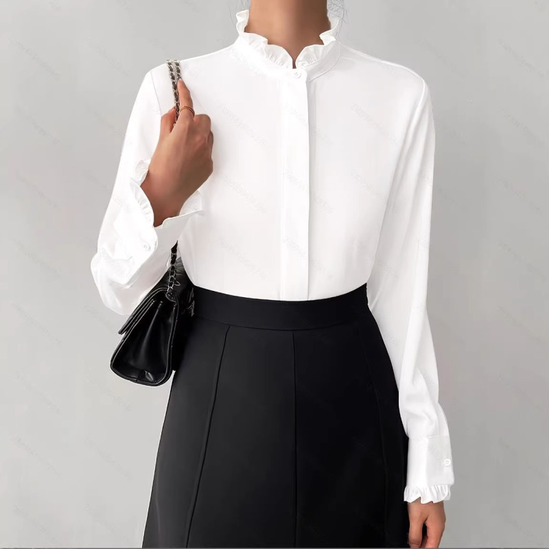 C69 Women's Solid Color Long Sleeve Shirt - Stand Collar, Ruffle Details and Cuffs - 2026 New Spring Collection C69 Women's Solid Color Long Sleeve Shirt - Stand Collar, Ruffle Details and Cuffs - 2026 New Spring Collection