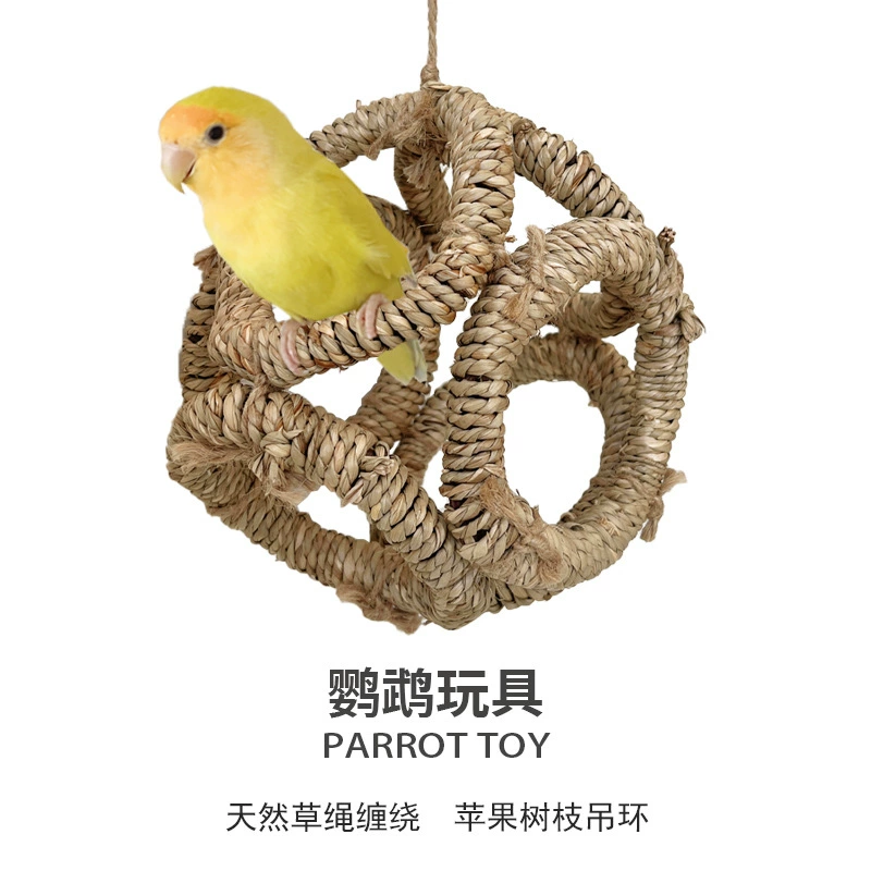 Попугай игрушка натуральная соломенная ветка подвешенные кольца деревянный попугай стоит шаттл, чтобы играть, кусая веселые птичьи качели