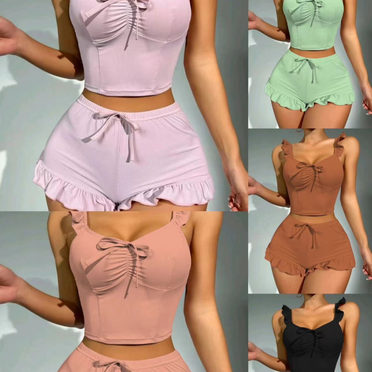 Cross-border European and American small sleeve sexy strap pajama set women's hole strip twisted edge strap shorts home wear source factory